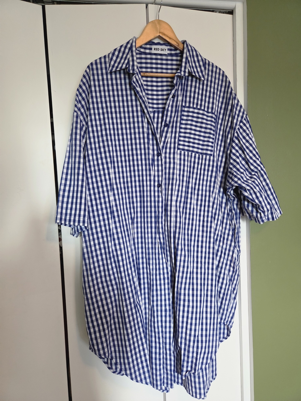 Redsky Blue Gigham House Dress/ Shirt. Button Front W/ Pockets